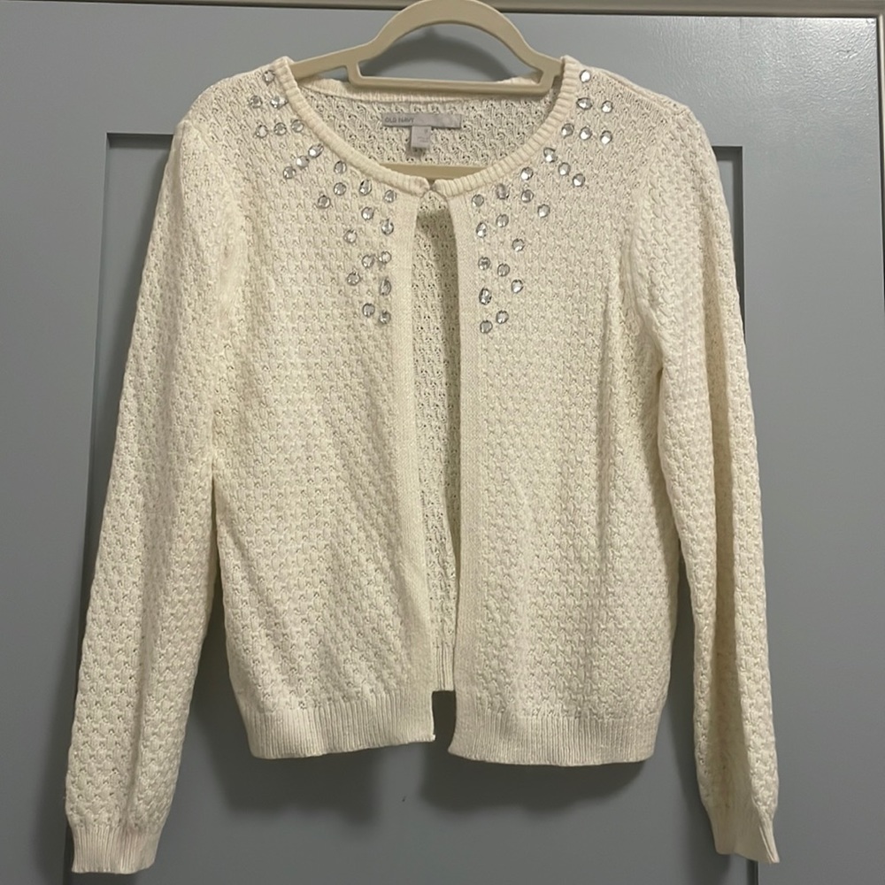 Old Navy “Party Cardi” Cream open-front cardigan with jewel detail size medium